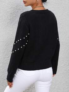 SHEIN Essnce 珍珠珠飾落肩毛衣 - 黑色 - 查看 2