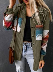 CILKOO Geo Print Drop Shoulder Corduroy Shirt - Army Green - View 1