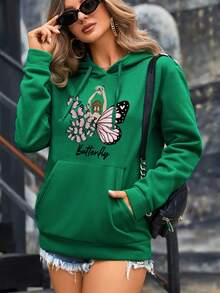 SHEIN Essnce Butterfly & Floral Print Kangaroo Pocket Drop Shoulder Drawstring Thermal Lined Hoodie - Green - View 6