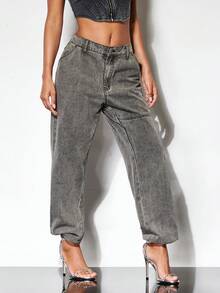 SHEIN BAE Túi vá Bên Quần jean - Xám - Xem 4