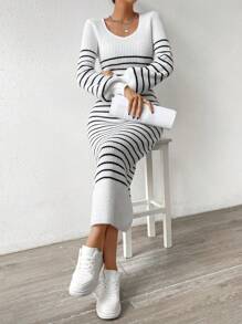RosyDaze Striped Pattern Lantern Sleeve Sweater Dress Fall Winter Cloth For Women - Black and White - View 6