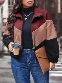 SHEIN LUNE Plus Color Block Drop Shoulder Teddy Jacket - Multicolor - View 5