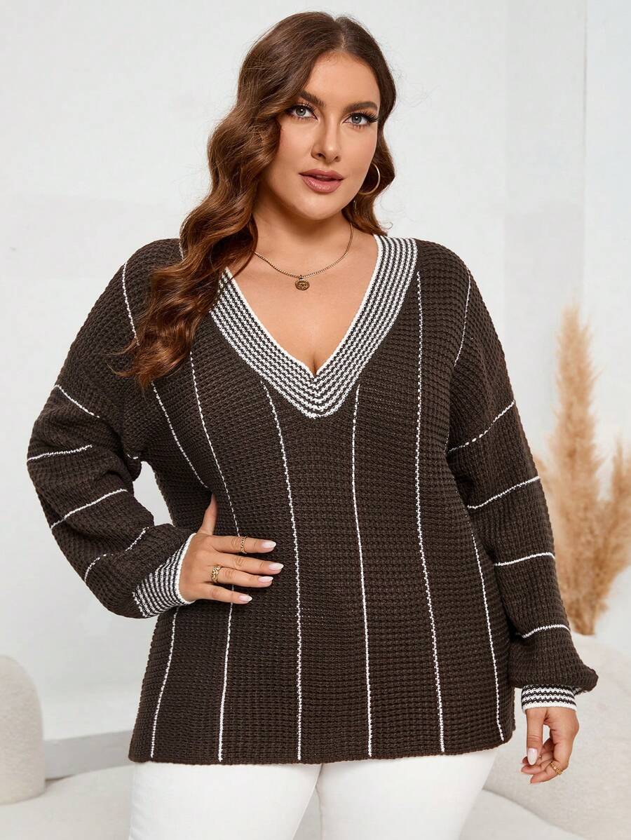 SHEIN LUNE 加大码条纹图案落肩针织套头衫秋冬毛衣 - 咖啡棕 - 查看 1