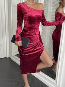 Zolique 不對稱領口抽繩側開衩大腿天鵝絨洋裝 - 酒紅色 - 查看 4