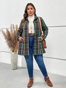 EMERY ROSE Plus Plaid Print Button Front Overcoat - Green - View 4
