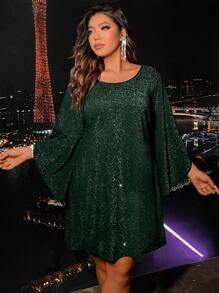 Plus Trumpet Sleeve Glitter Dress - Dark Green - View 1