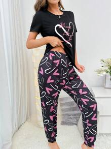 Heart & Slogan Graphic PJ Set / Pajama Set - Black - View 3