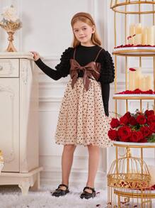 SHEIN Tween Girl Polka Dot Print Bow Front 2 In 1 Dress - Black - View 5