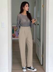 DAZY Quần ống côn màu trơn công sở thường ngày mùa thu - Màu be - Xem 3