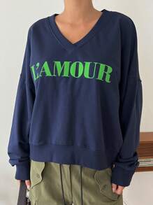 DAZY Letter Graphic Drop Shoulder Sweatshirt - Navy Blue - View 4