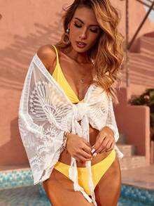 SHEIN Embroidery Mesh Tie Front Kimono - White - View 4