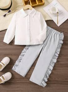 SHEIN Young Girl Solid Shirt & Ruffle Trim Pants - Multicolor - View 1