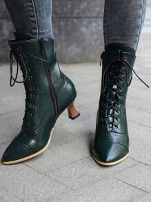 Vintage Green Block Heel Lace-up Shoes With Cat Pattern, Autumn/winter, Women's Fashionable Boots - Dark Green - View 4