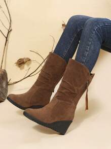 女式厚底坡跟中筒靴，绒面革增高短靴 - 棕色 - 查看 1
