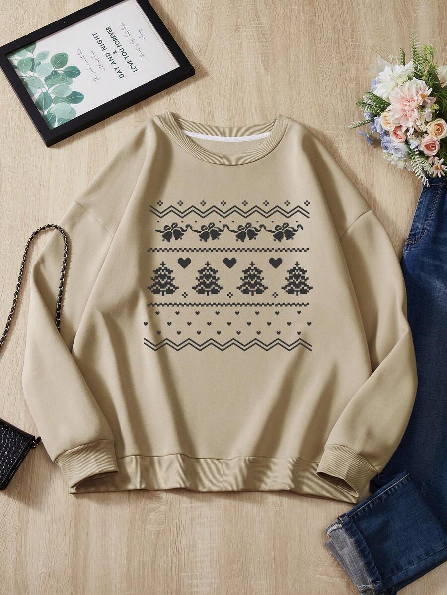 SHEIN EZwear Hơn In Giáng sinh Lót nhiệt Áo nỉ - Màu Khaki - Xem 1