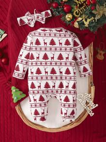 SHEIN Baby Girl Christmas Tree Print Button Front Jumpsuit & Headband - Multicolor - View 2