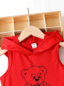 SHEIN 男小童小熊印花連帽背心上衣和字母圖案拼接側邊接縫衛褲 - 彩色 - 查看 4