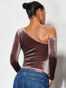 SHEIN BAE Asymmetrical Neck Velvet Tee, Going Out Top - Coffee Brown - View 2