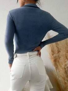 EURMUSE Áo thun nữ màu trơn cài nút phía trước, đa năng cho mùa thu - Màu xanh lam - Xem 2