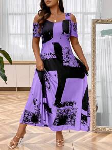 Plus Graphic Print Cold Shoulder Dress Maxi Women Outfit - Purple - View 3