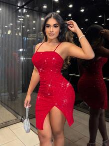SHEIN SXY Vestido de malla roja con tirantes, pliegues y abertura en la pierna