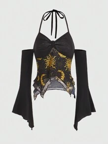 ThisUniqueVibe Sun & Moon Graphic Print Asymmetrical Hem Off Shoulder Halter Top - Black - View 1