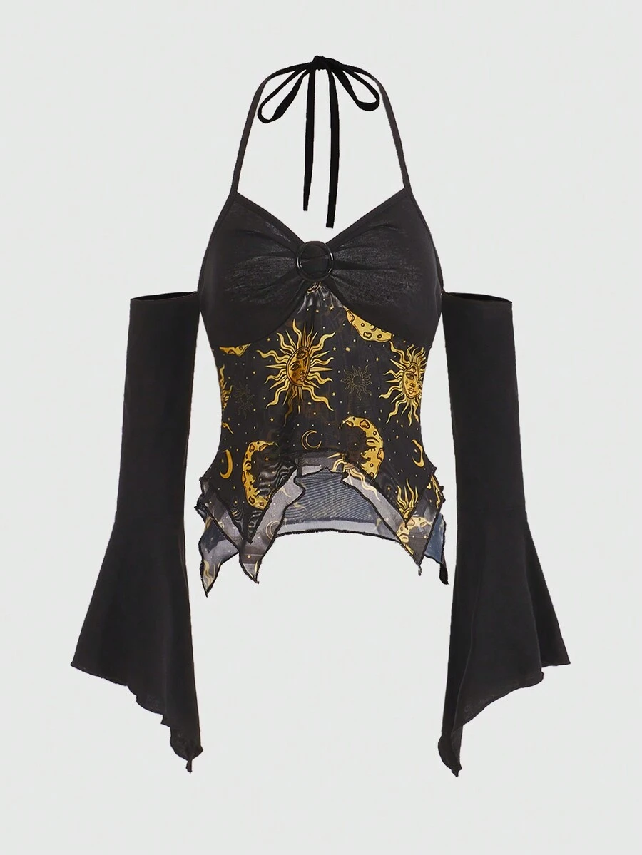ThisUniqueVibe Sun & Moon Graphic Print Asymmetrical Hem Off Shoulder Halter Top - Black - View 1