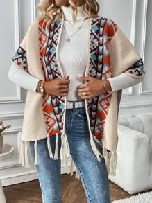 SHEIN LUNE Mẫu Geo Fringe Hem Áo Cardigan - Màu be - Xem 5