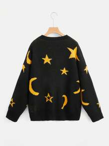 ROMWE Fairycore Suéter De Hombros Caídos De Talla Grande Para Mujer Con Estampado De Estrellas Y Lunas - Negro - Ver 2