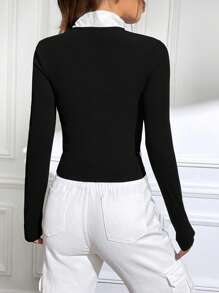 INAWLY Letter Graphic Two Tone Zip Up Crop Tee - Black and White - View 2