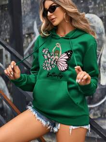 SHEIN Essnce Butterfly & Floral Print Kangaroo Pocket Drop Shoulder Drawstring Thermal Lined Hoodie - Green - View 4