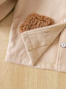 Baby Girls Contrast Teddy Pocket Patched Bow Front Peter Pan Collar Lantern Sleeve Overcoat - Apricot - View 6