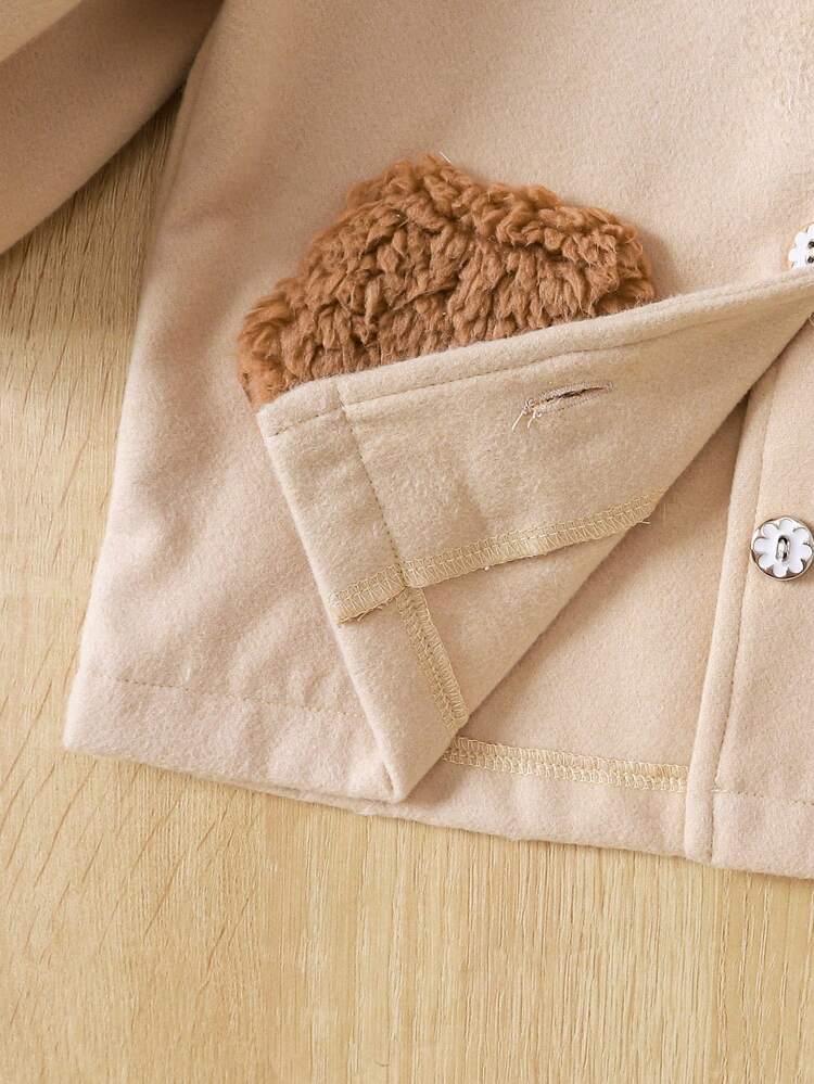 Baby Girls Contrast Teddy Pocket Patched Bow Front Peter Pan Collar Lantern Sleeve Overcoat