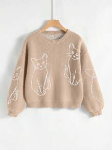 SHEIN Qutie Suéter con estampado de gato y hombros caídos - Caqui - Ver 1