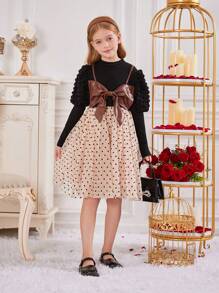 SHEIN Tween Girl Polka Dot Print Bow Front 2 In 1 Dress - Black - View 3