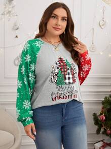 SHEIN LUNE 大碼聖誕圖案插肩袖T恤 - 彩色 - 查看 4