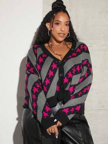SHEIN CURVE+ Plus Star Pattern Drop Shoulder Cardigan - Multicolor - View 5