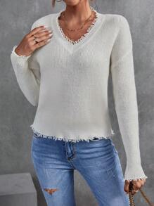 SHEIN LUNE Drop Shoulder Distressed Trim Sweater