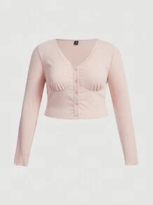 SHEIN MOD Plus Button Front Crop Tee - Beige - View 1