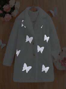 SHEIN Chica preadolescente Abrigo reflectante con patrón de mariposa de peluche sin jersey - Blanco - Ver 1