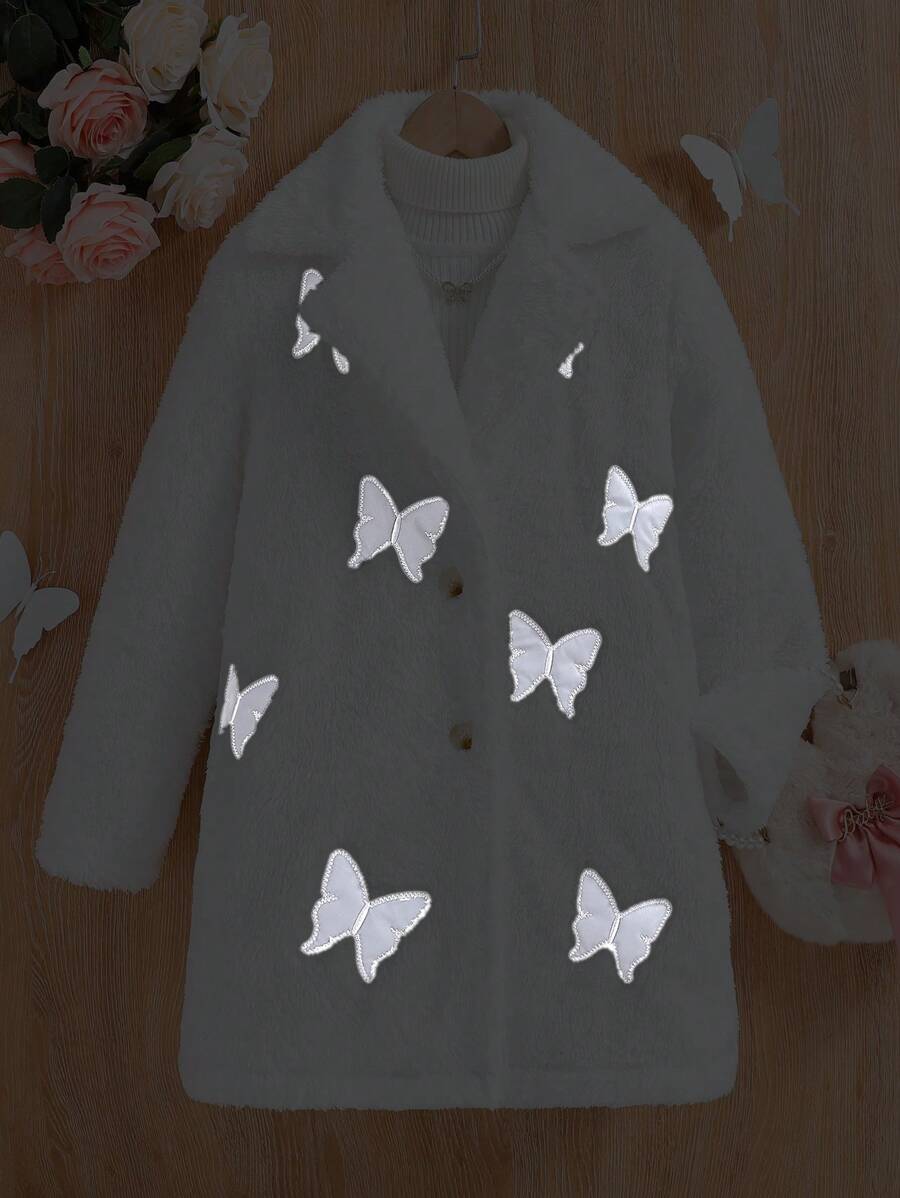 SHEIN Chica preadolescente Abrigo reflectante con patrón de mariposa de peluche sin jersey - Blanco - Ver 1