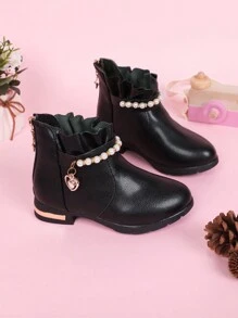 兒童時尚秋冬人造珍珠和荷葉邊設計休閒靴 - 黑色 - 查看 3