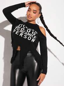 SHEIN SXY 標語圖案露肩仿舊不對稱下擺毛衣 - 黑色 - 查看 4