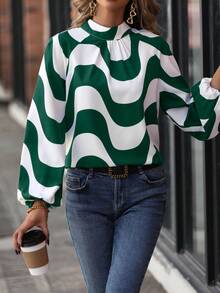 SHEIN Clasi Áo kiểu tay phồng in họa tiết sóng sọc cổ lồng - màu xanh lá - Xem 5