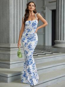 PARTHEA 女士印花系带露肩鱼尾连衣裙 - 淺藍色 - 查看 3