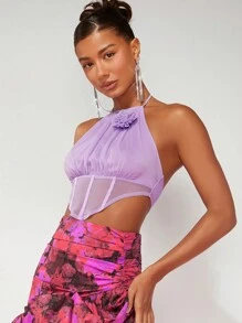 SHEIN BAE Floral Applique Mesh Halter Top - Purple - View 5