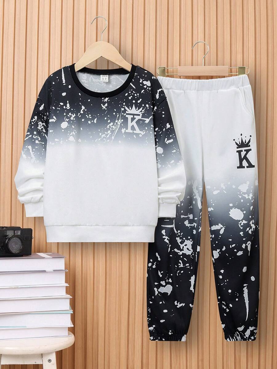 SHEIN Leap Crew Tween Boy Letter Graphic Ombre Sweatshirt & Sweatpants - Black and White - View 1