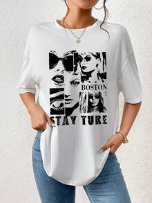 SHEIN Essnce Figure & Letter Graphic Drop Shoulder Tee - White - View 4