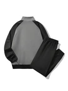 Manfinity Homme 男式图形拼色插肩袖夹克和运动裤运动服，男士运动服，男士两件套，男士慢跑服，男士休闲两件套，秋季服装