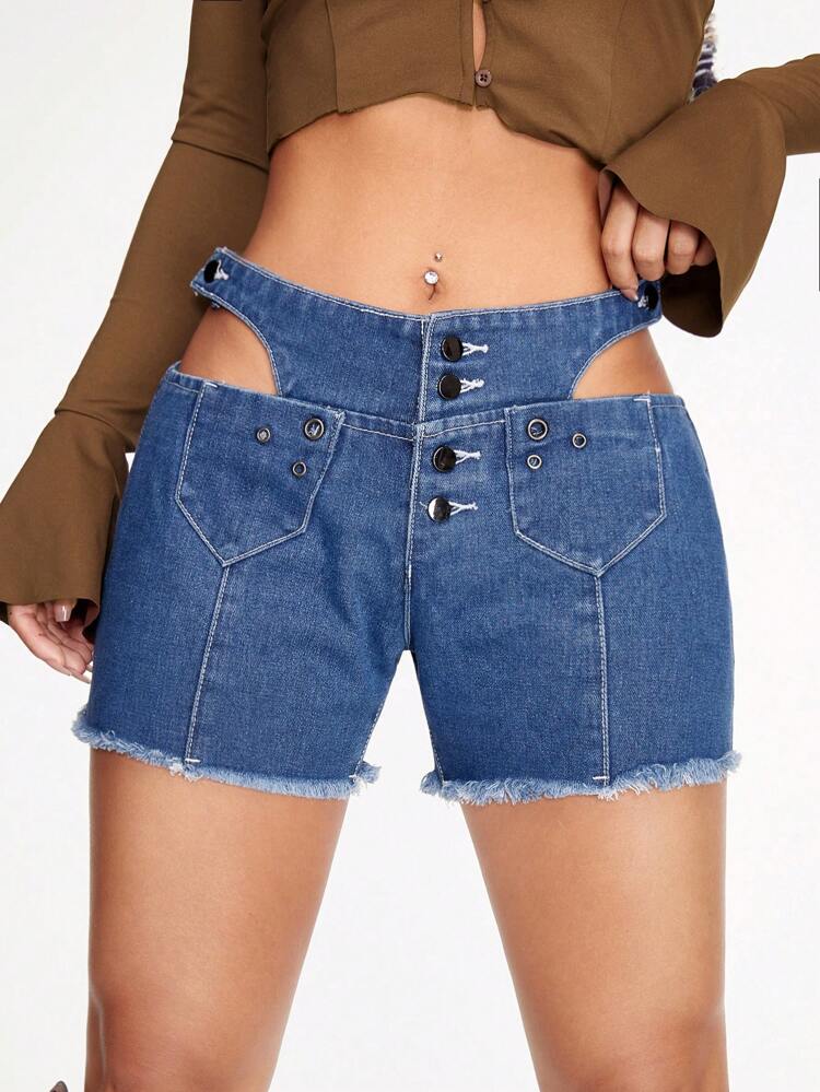 Cut Out Raw Hem Denim Shorts